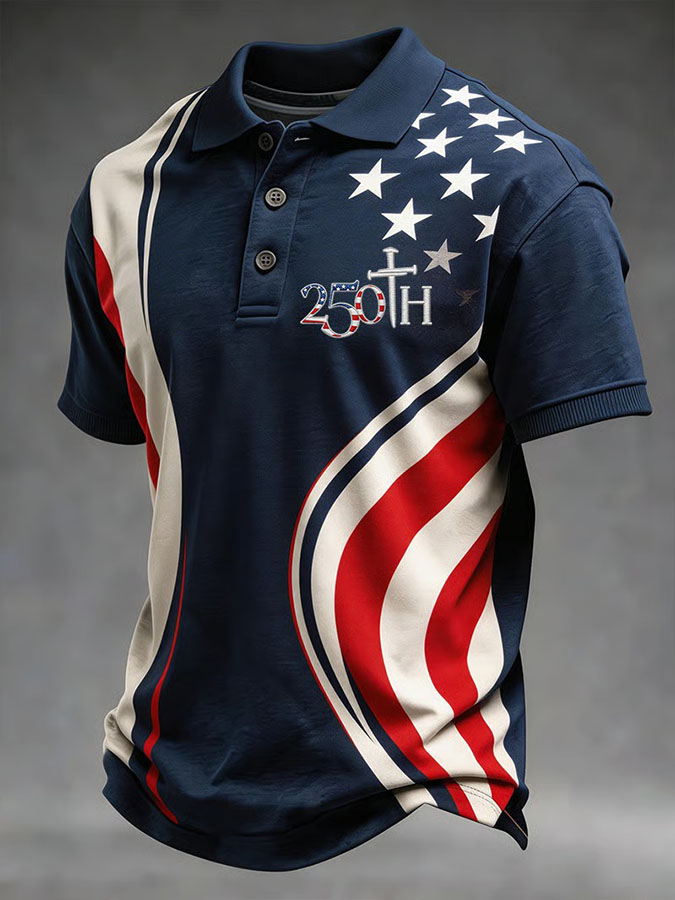 American Men's Creative Printed Short Sleeve Collar T-Shirt