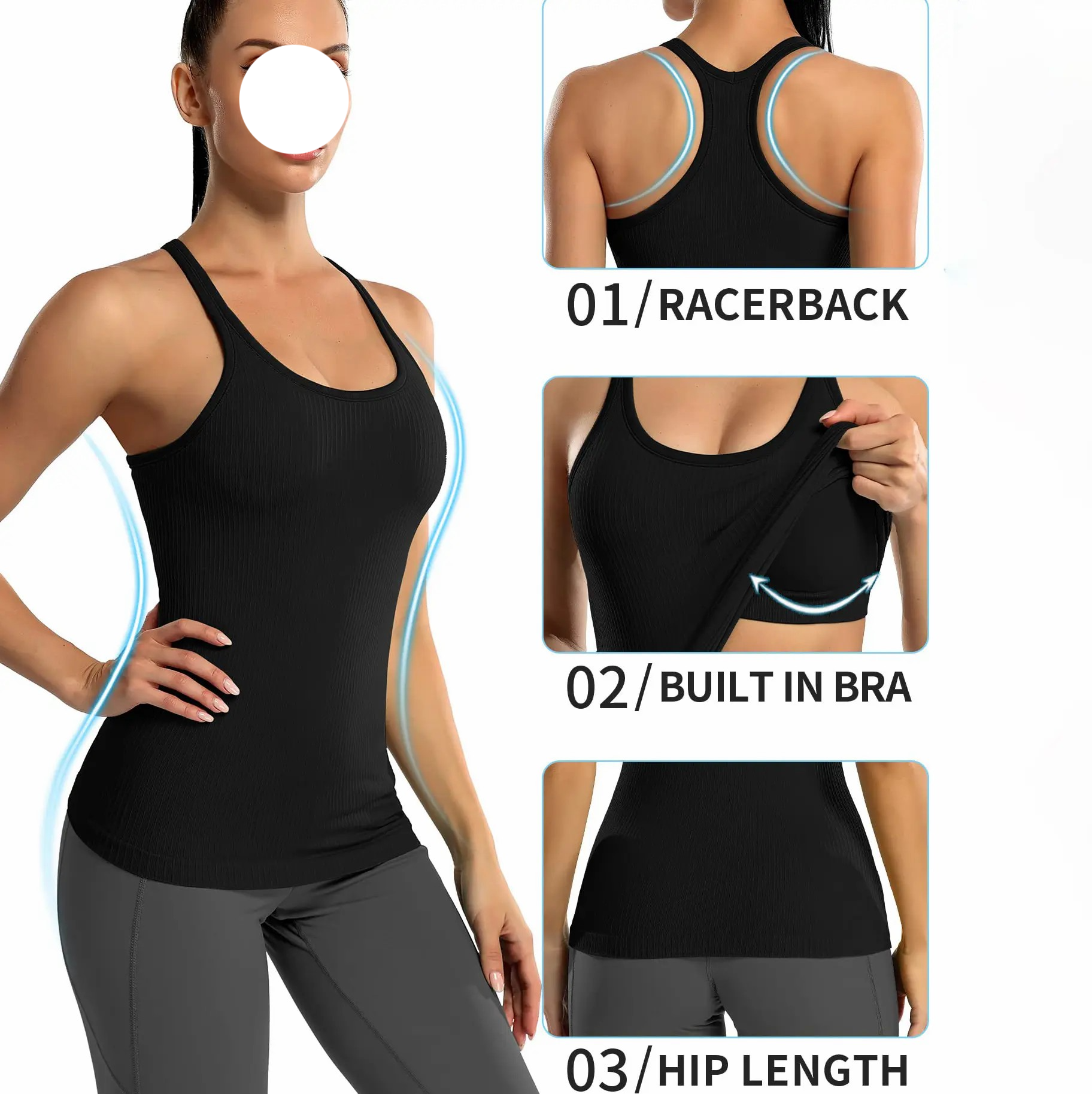 Women's Ribbed Workout Tank Top – Built-in Bra, Racerback, Scoop Neck