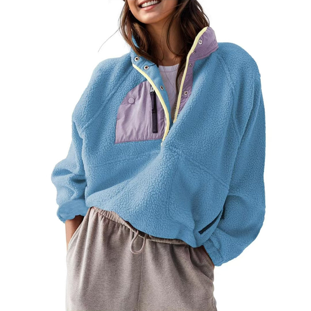 Women's Lightweight Sherpa Fleece Pullover Jacket with Pockets