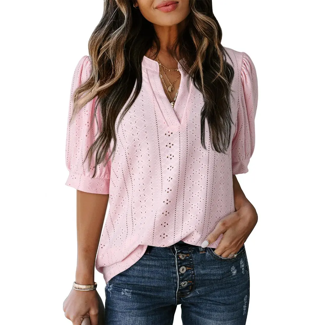 Women's Summer Business Casual Blouses V Neck Short Sleeve Shirts Hollow Out Cute Lace Tops Loose Fit Breathable Fabric