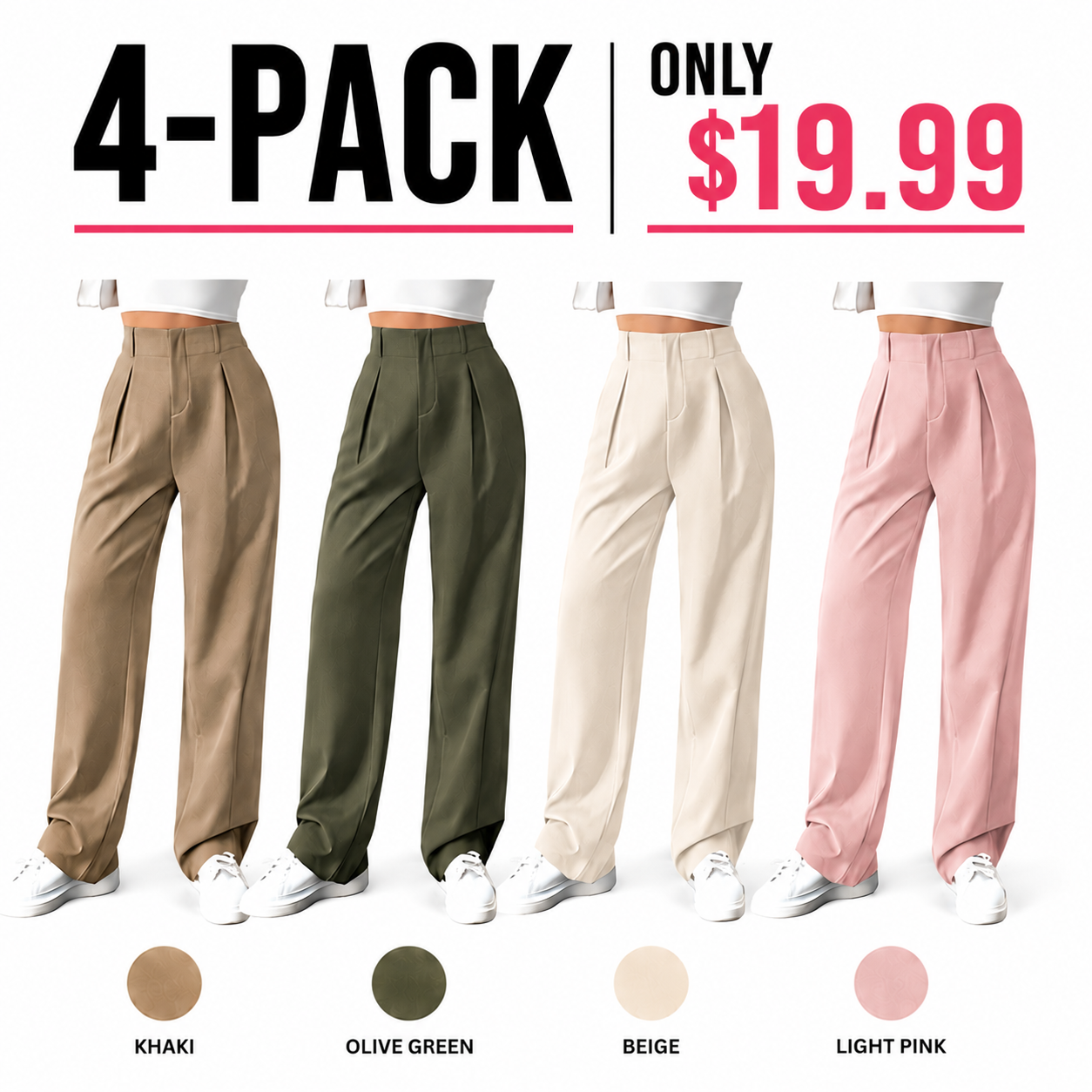 Women's Solid-Color Pleated Wide-Leg Pants with Pockets