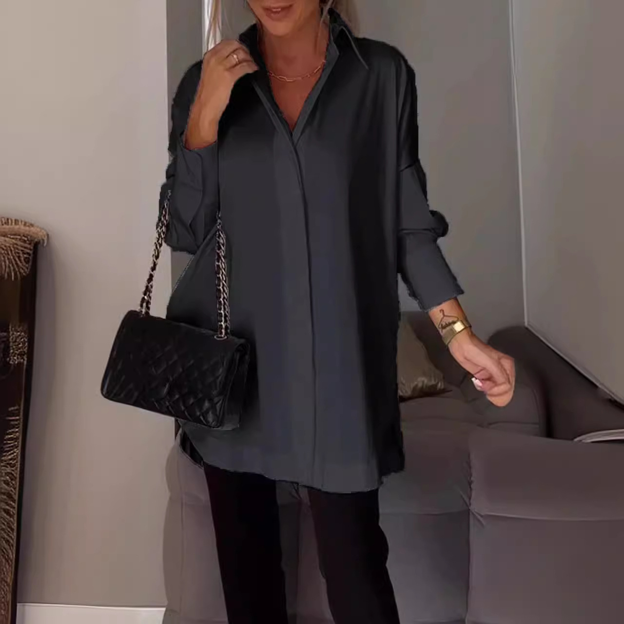 Women Long Sleeve Blouse Lapel Slit Shirt