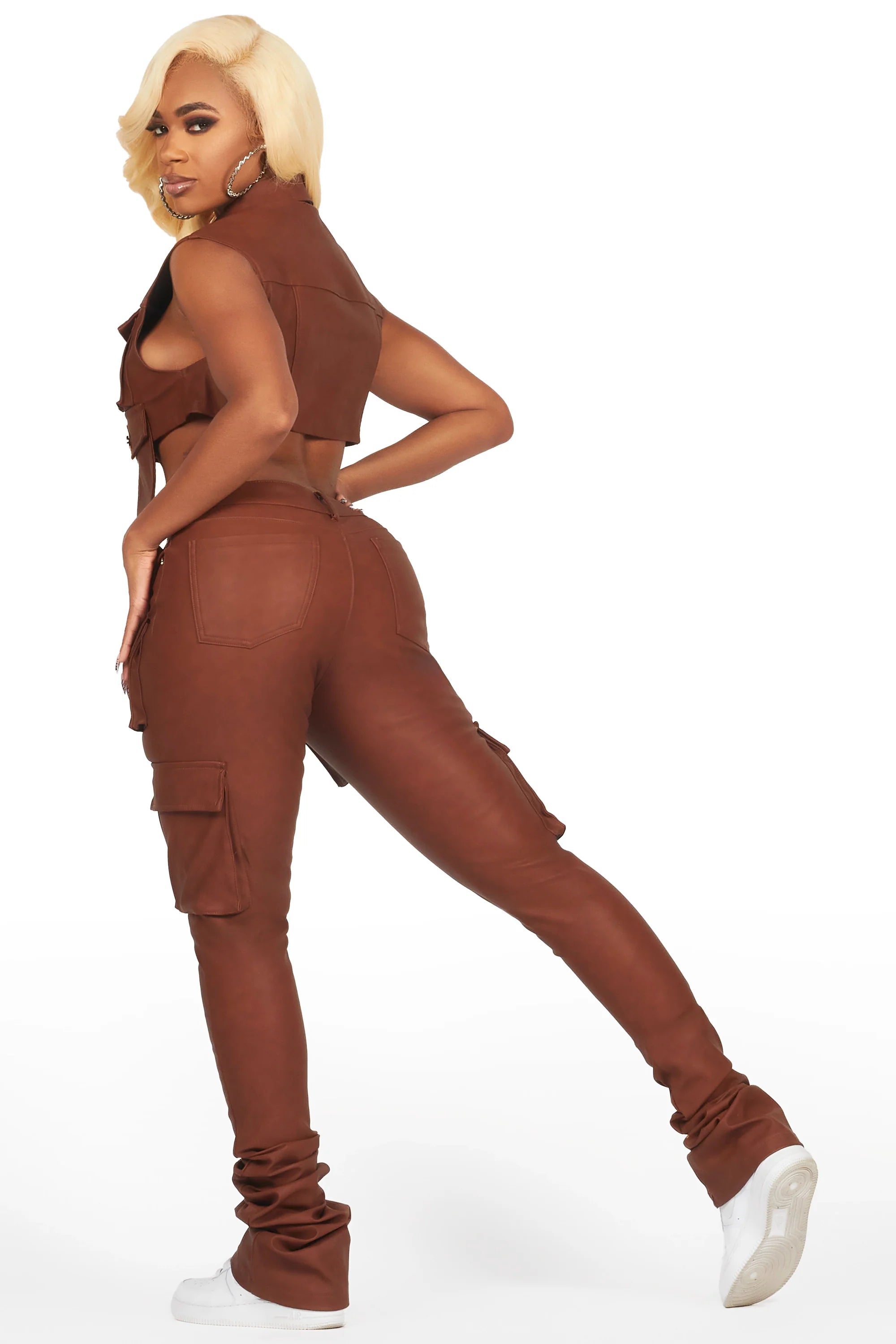 Kiedra Brown Cargo Faux Leather Vest