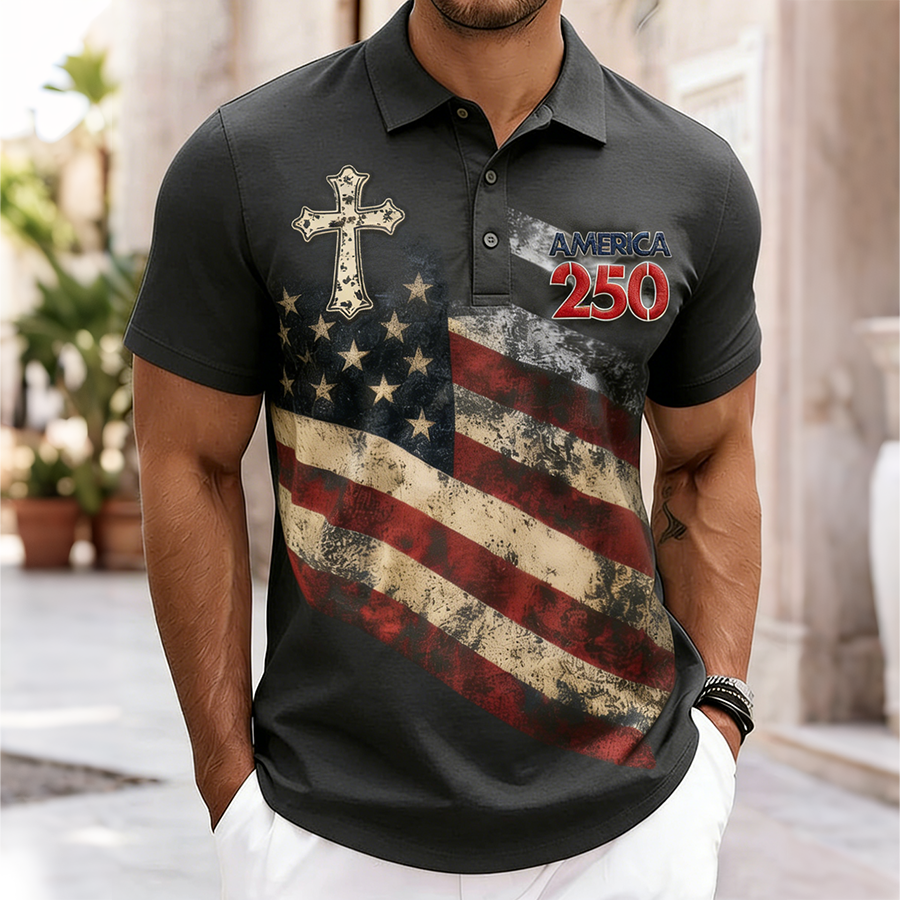 Men'S Casual Cross American Pentagram Flag Gradient Personalized Printed Polo Shirt