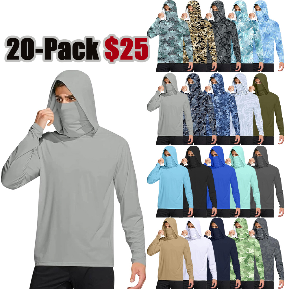Long Sleeve Sun Shirt Men UPF 50+ Rash Guard Cooling Fishing Hoodies with Mask Casual Summer UV SPF Hiking Blouses