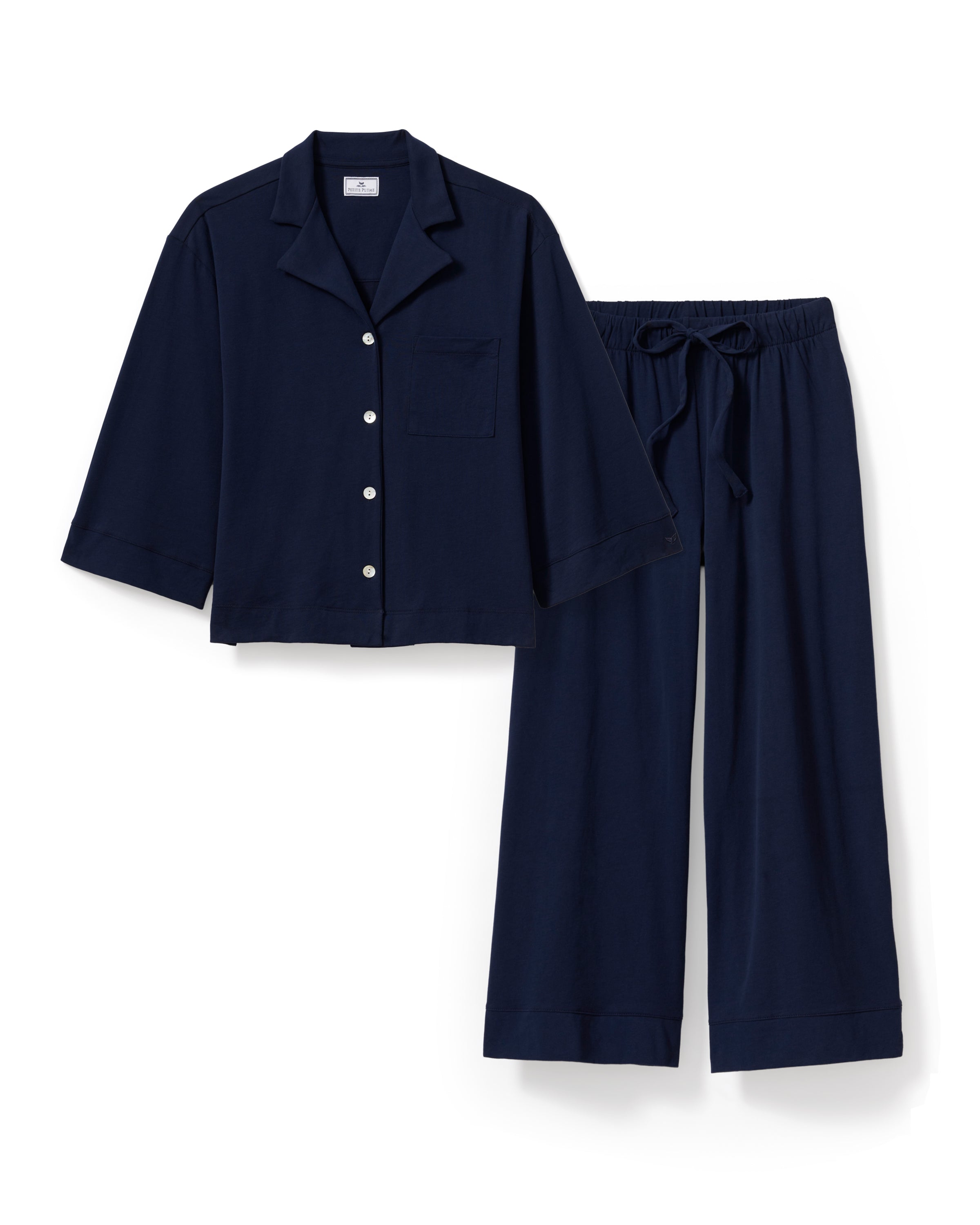 The Olivia Wide Leg Pima Pajama Set in Navy
