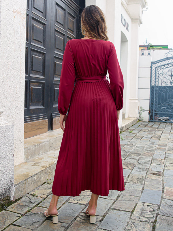 Cross V-Neck Large Pleated Midi Skirt