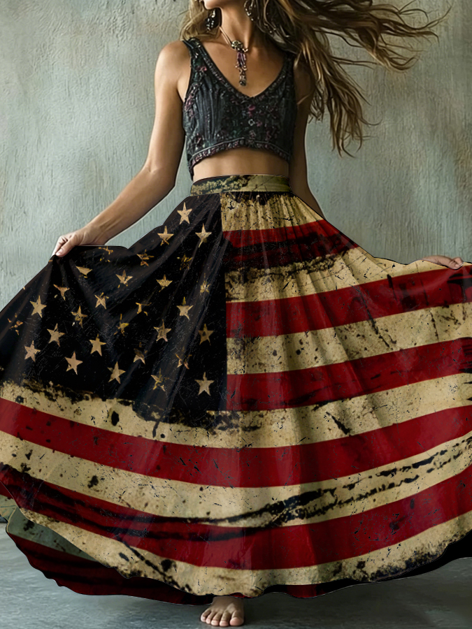 Women'S Linen Blended American Independence Day Printed Casual Skirt