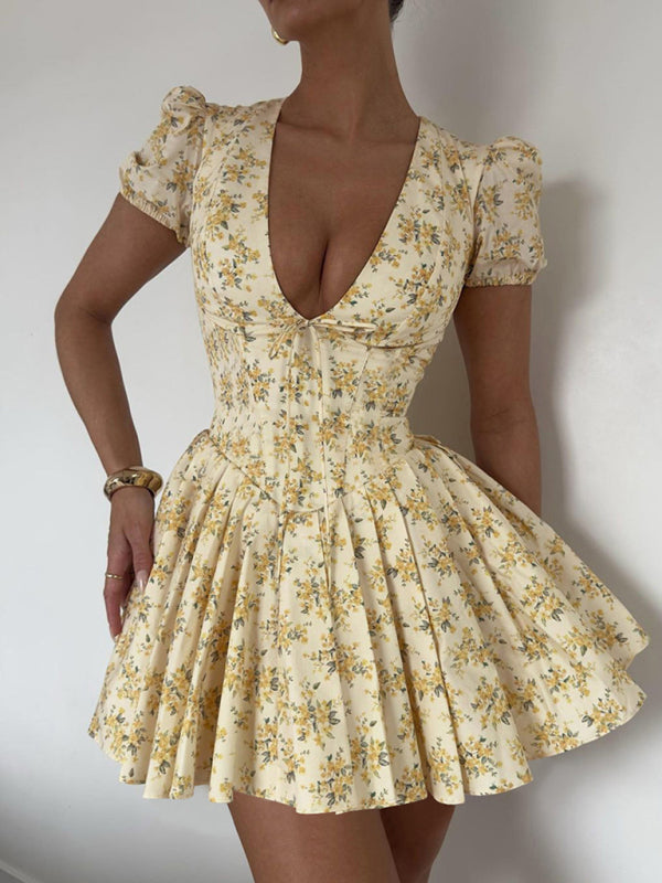 Joanna's Deep V Slim Waist Short Sleeve Medium Pleated Floral Mini Dress