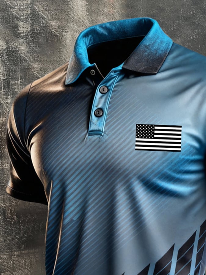 Men's Retro Patriotic Color-Block Short-Sleeve Polo Shirt