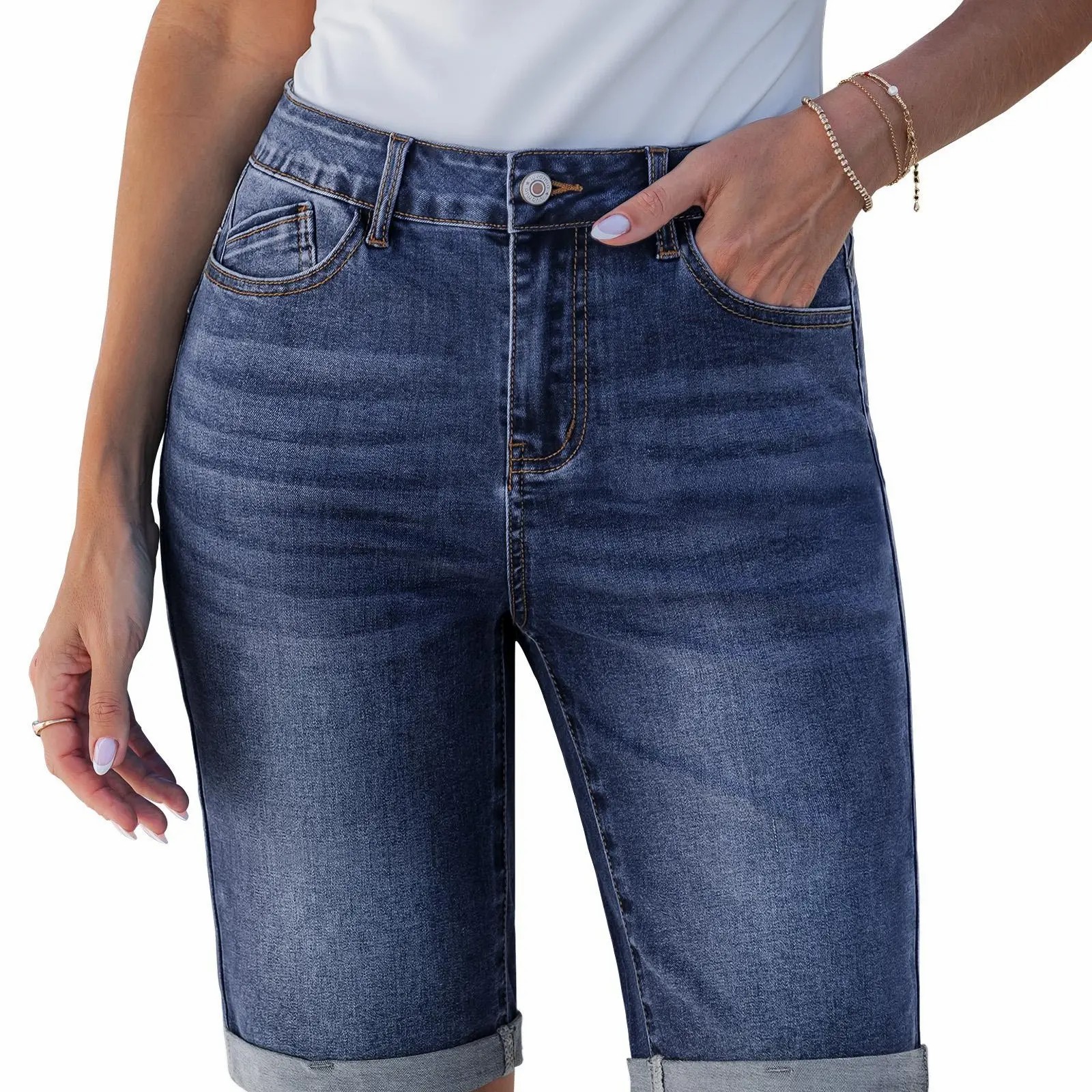 Bermuda Jean Shorts for Women Knee Length High Waisted