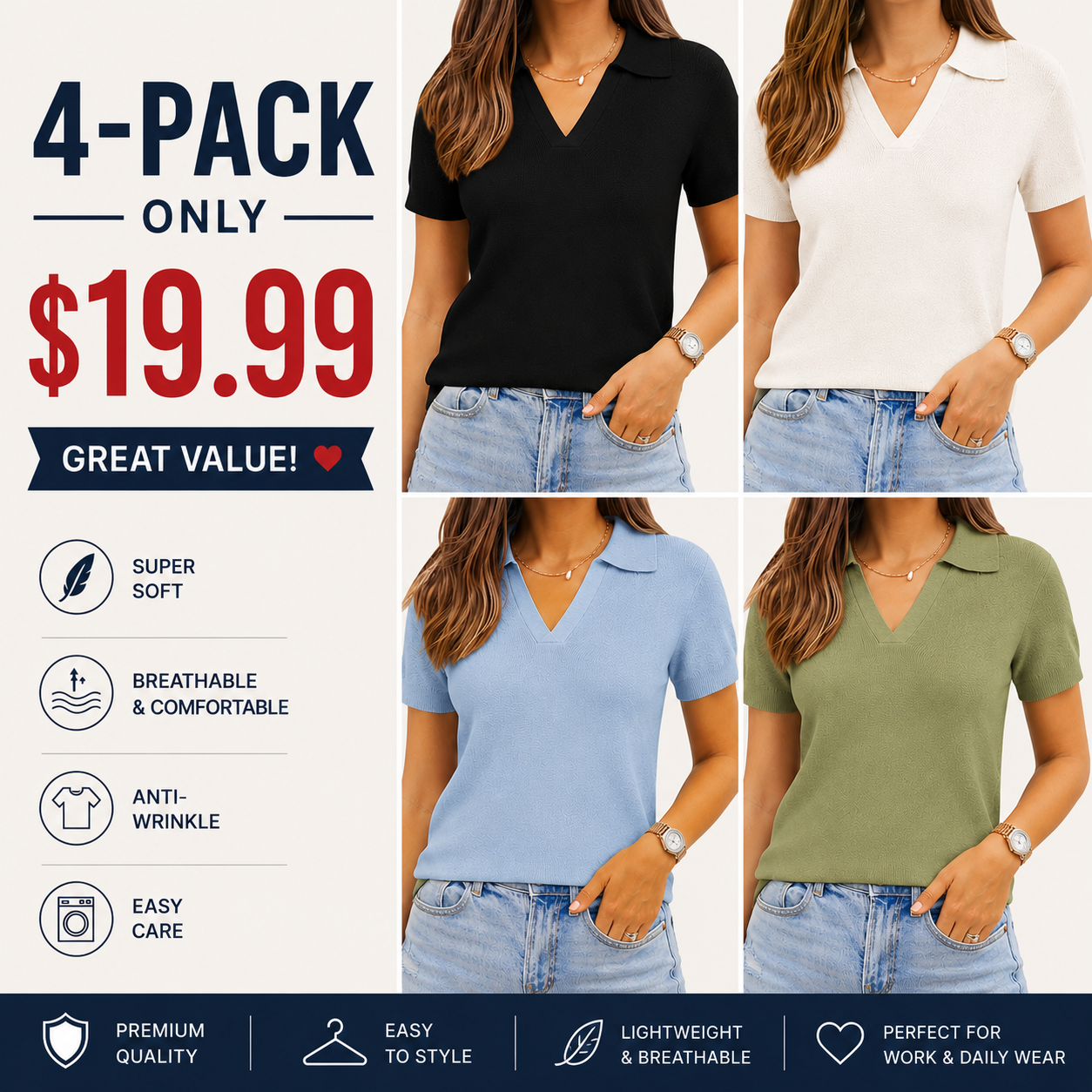 Women's Soft Wool-Blend Short-Sleeve Knit Polo Shirt