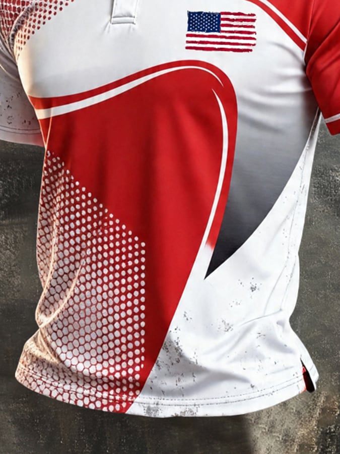 Men's Retro Patriotic Color-Block Short-Sleeve Polo Shirt