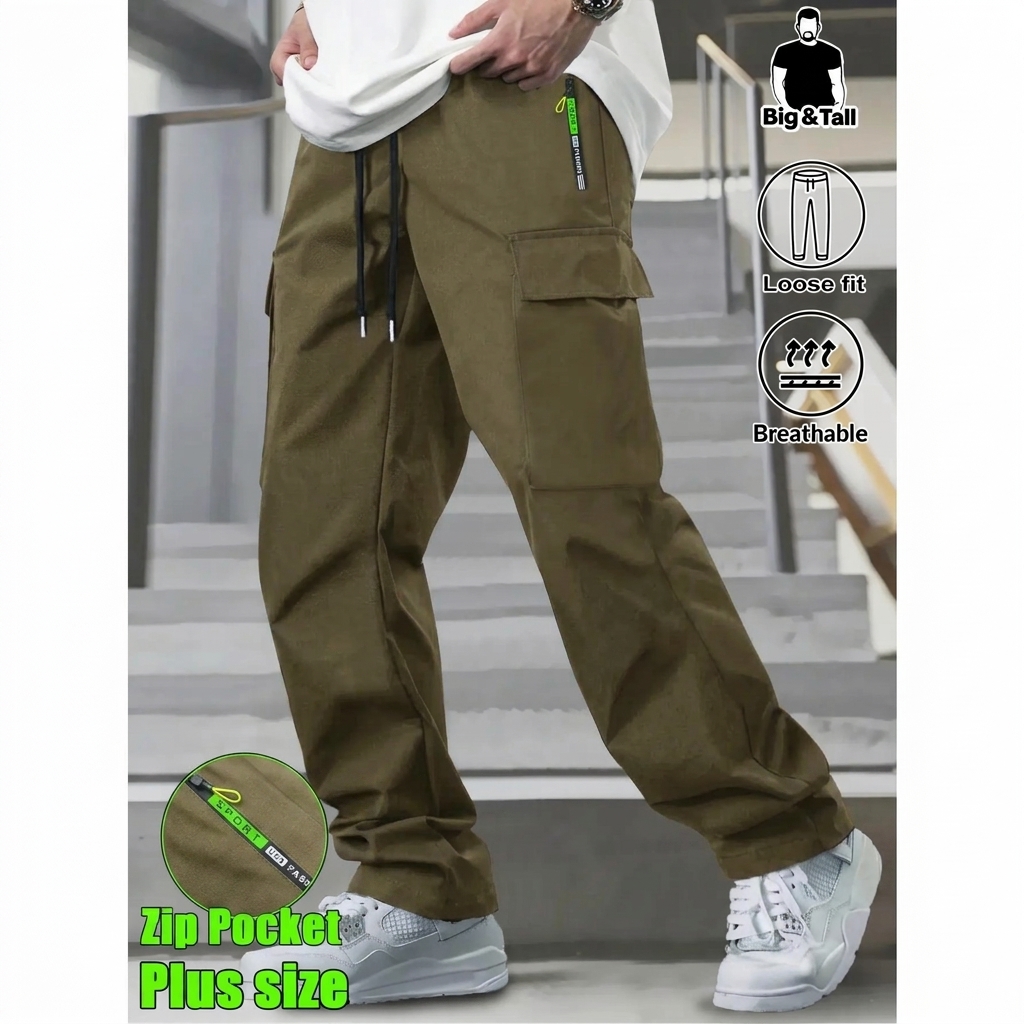 Men's Big & Tall Loose Cargo Pants – Elastic Drawstring Waist, Multi-Pocket, Breathable Streetwear Trousers