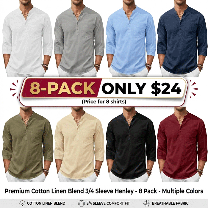 🌴🌴  Men's Coastal Henley Linen Blend Shirt – 3/4 Sleeve Summer Essential