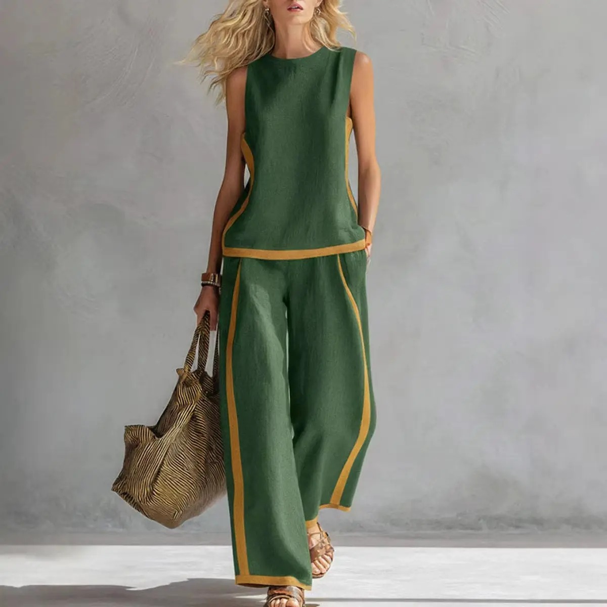 Women's Sleeveless Color Block Top & Wide Leg Pants Set