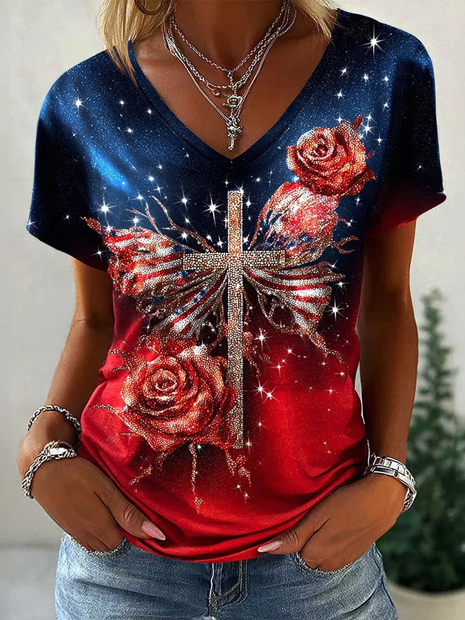 250Th Anniversary Of The Founding Of The United States Women'S Casual Brick Printed V-Neck T-Shirt