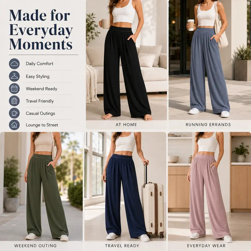 Women's High-Waisted Wide-Leg Casual Pants (with Pockets)