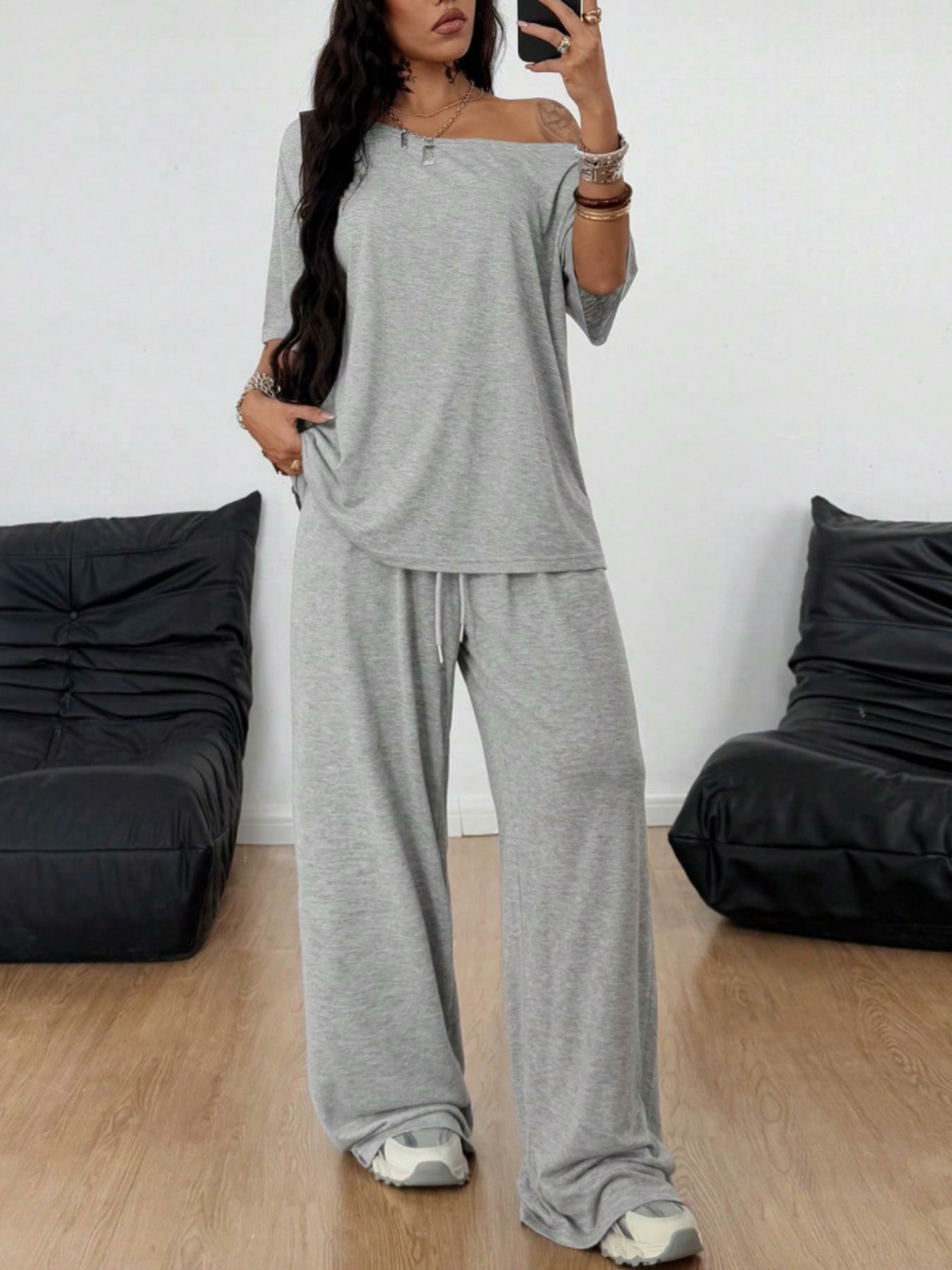 Women's Minimalist Basic Daily Wear Going Out Sport Comfortable Off Shoulder T-Shirt And Wide Leg Pants Two Pieces Outfits