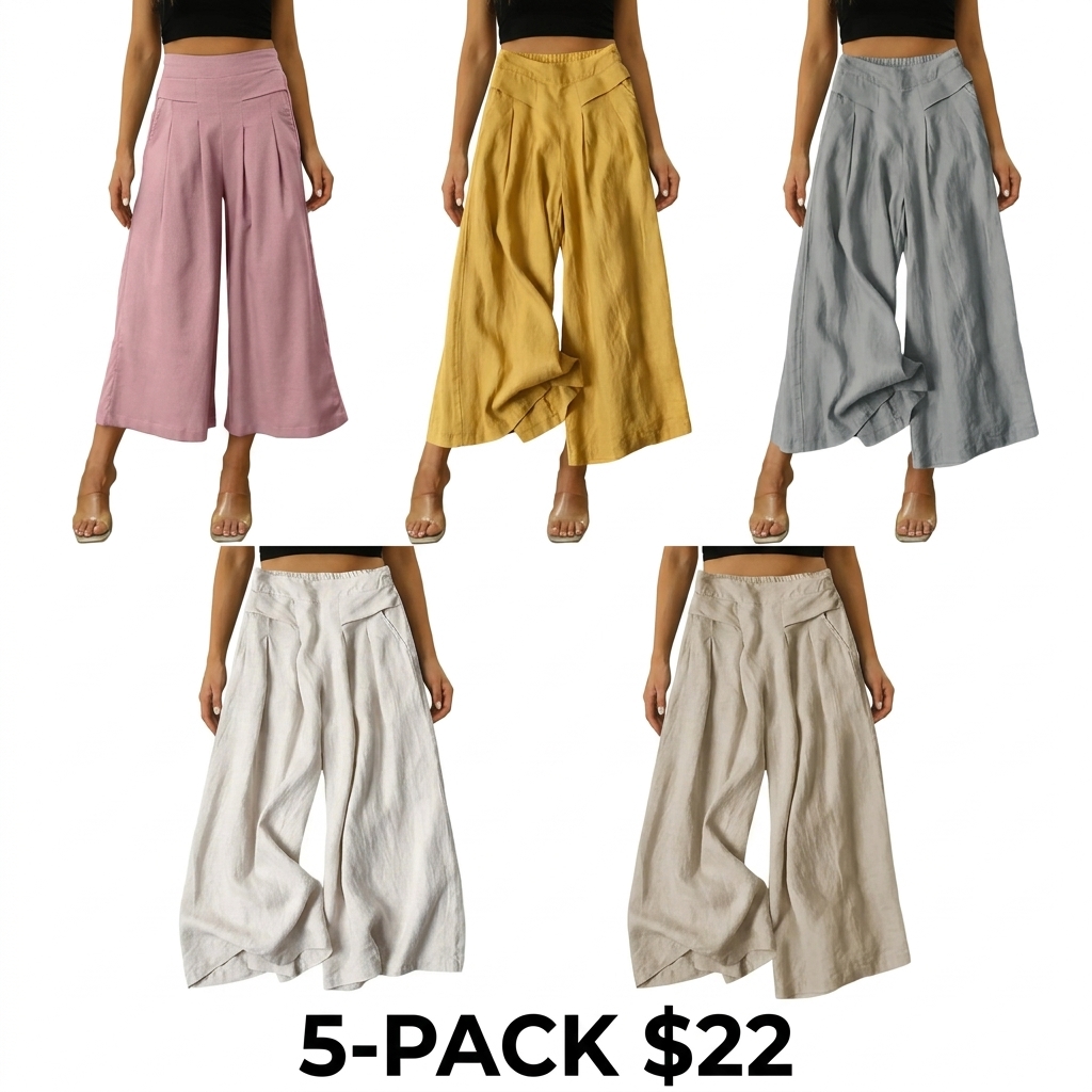 Women's Cotton Linen Wide Leg Culottes – Elastic Waist, Pockets, Minimalist Casual Capri Pants