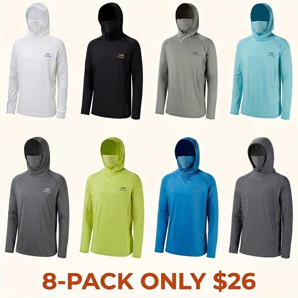 UPF 50+ Men’s Long Sleeve Fishing Shirt with Mask UV Neck Gaiter Hoodie