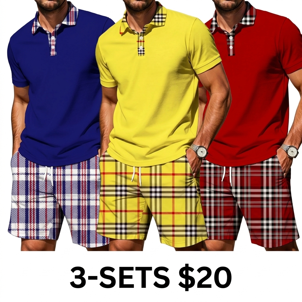 Men's Plaid Patchwork 2-Piece Summer Set – Polo Shirt & Matching Shorts, Casual Drawstring Waist with Pockets