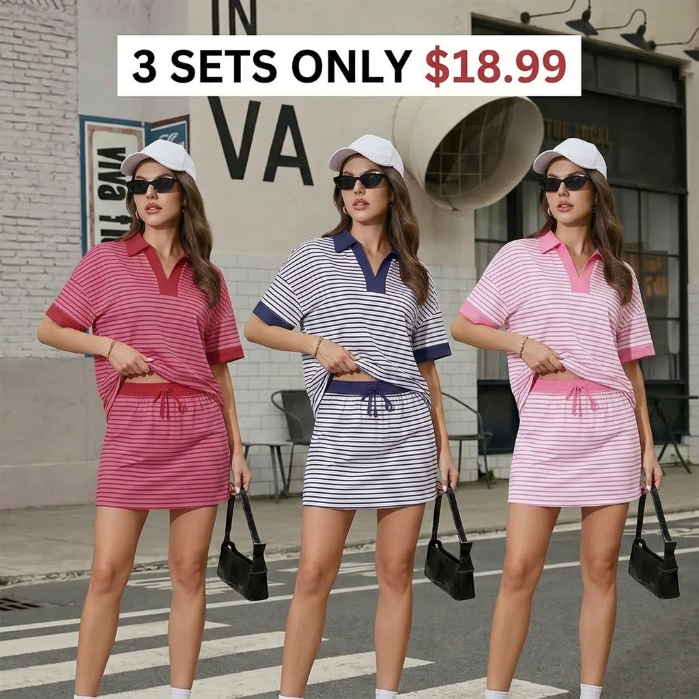 Women’s Striped Polo Skort 2-Piece Active Lounge Set