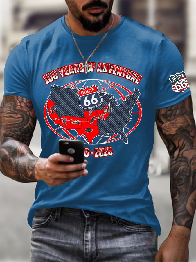 Men's Vintage USA Flag Road Trip Print Round Neck T-shirt