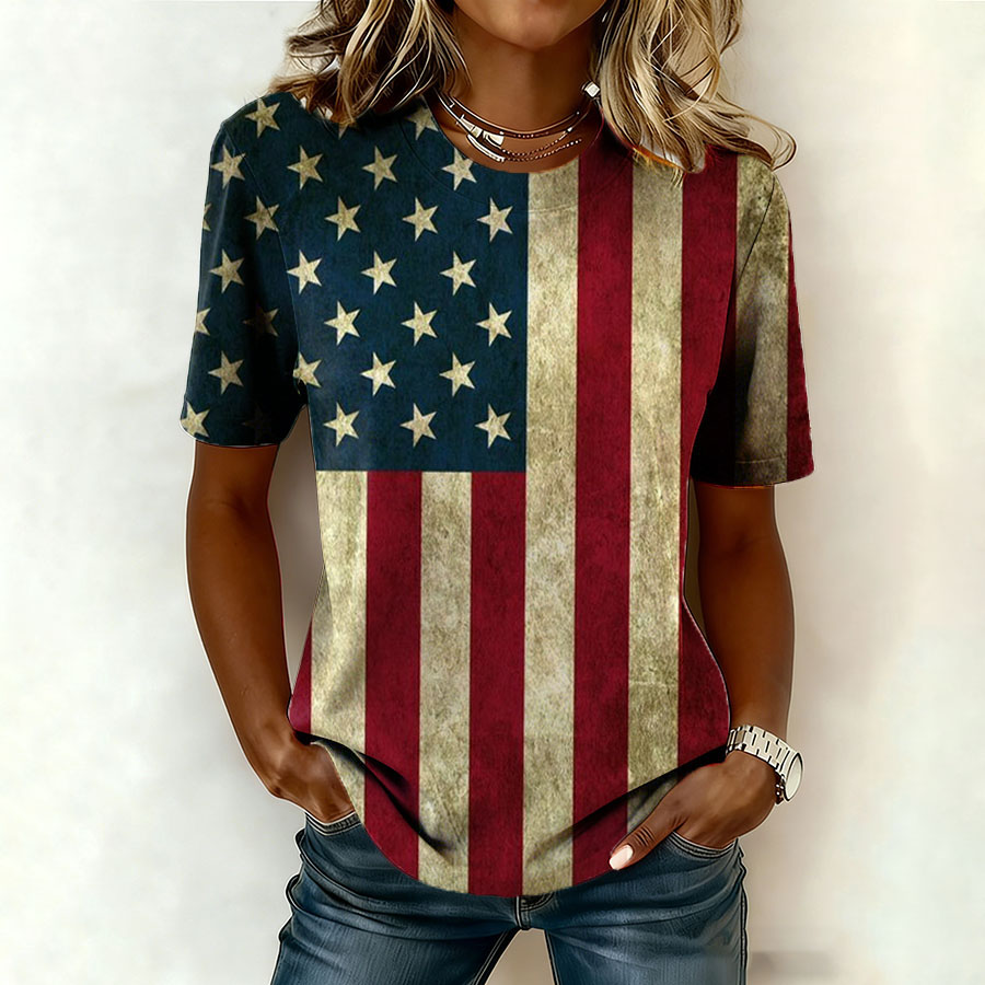 Women'S Retro American Flag Printed Casual T-Shirt