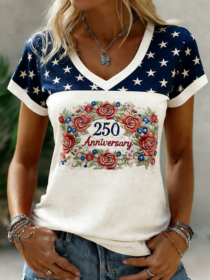 Women's 250 Anniversary Floral Embroidered Star Patch V-Neck T-Shirt