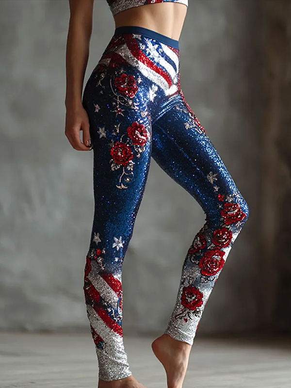 Women's American Flag Colors Stripes And Roses Art Print High Waist Leggings