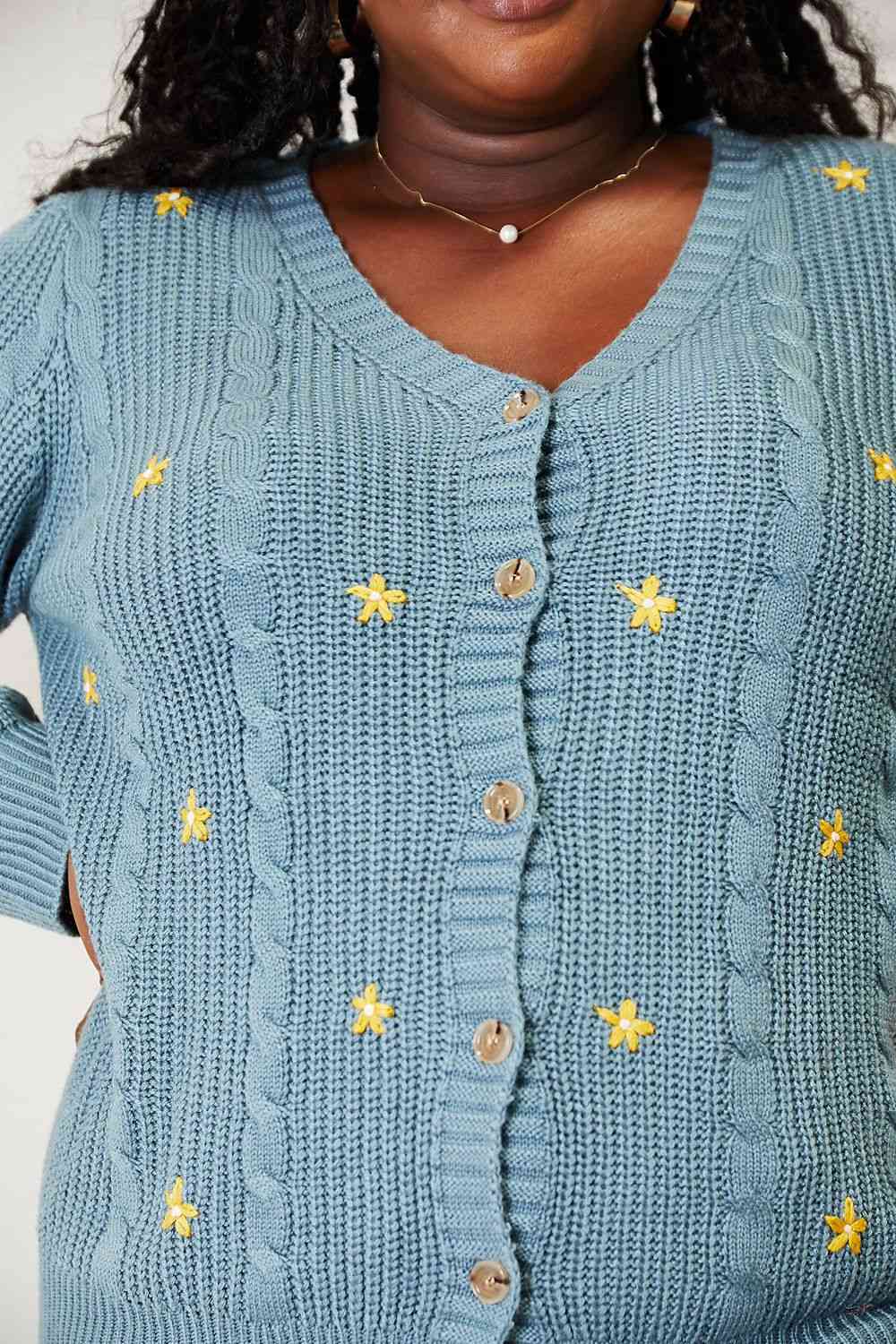 Full Size Floral Embroidered Cable Cardigan