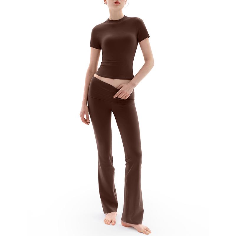 Women's Minimalist Short Sleeve & Fold-Over Flare Pants Lounge Set