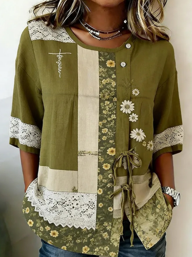 Women'S Casual Floral Patchwork Lace Printed Top