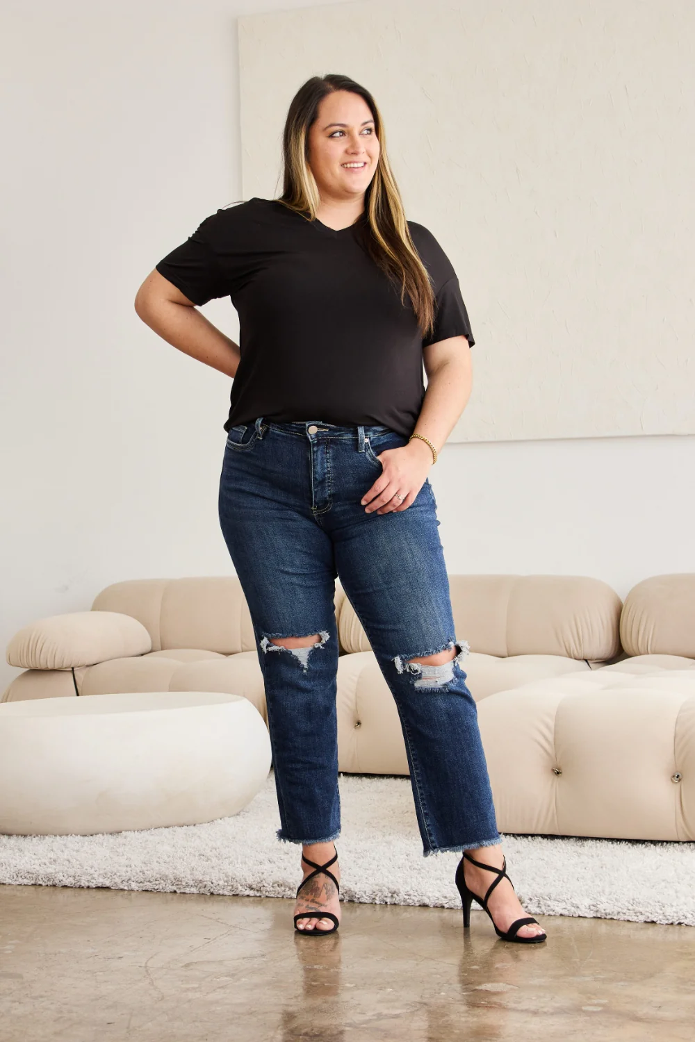 Crop Full Size Tummy Control Distressed High Waist Raw Hem Jeans