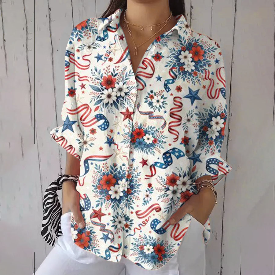 Women'S Flower Independence Day Printed Cotton And Hemp Shirt