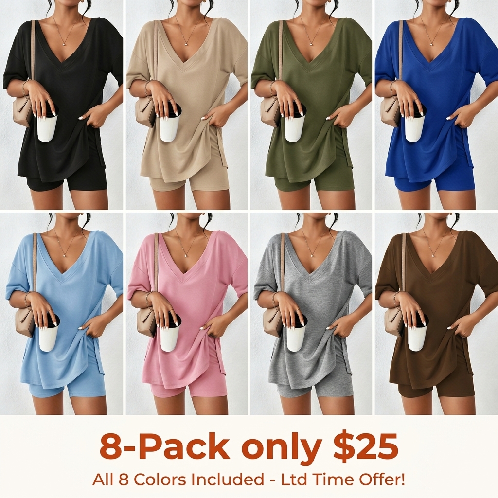 V-neck Two-Piece Pajama Set For Women Summer Casual Oversized Split Hem Shirts & Biker Shorts