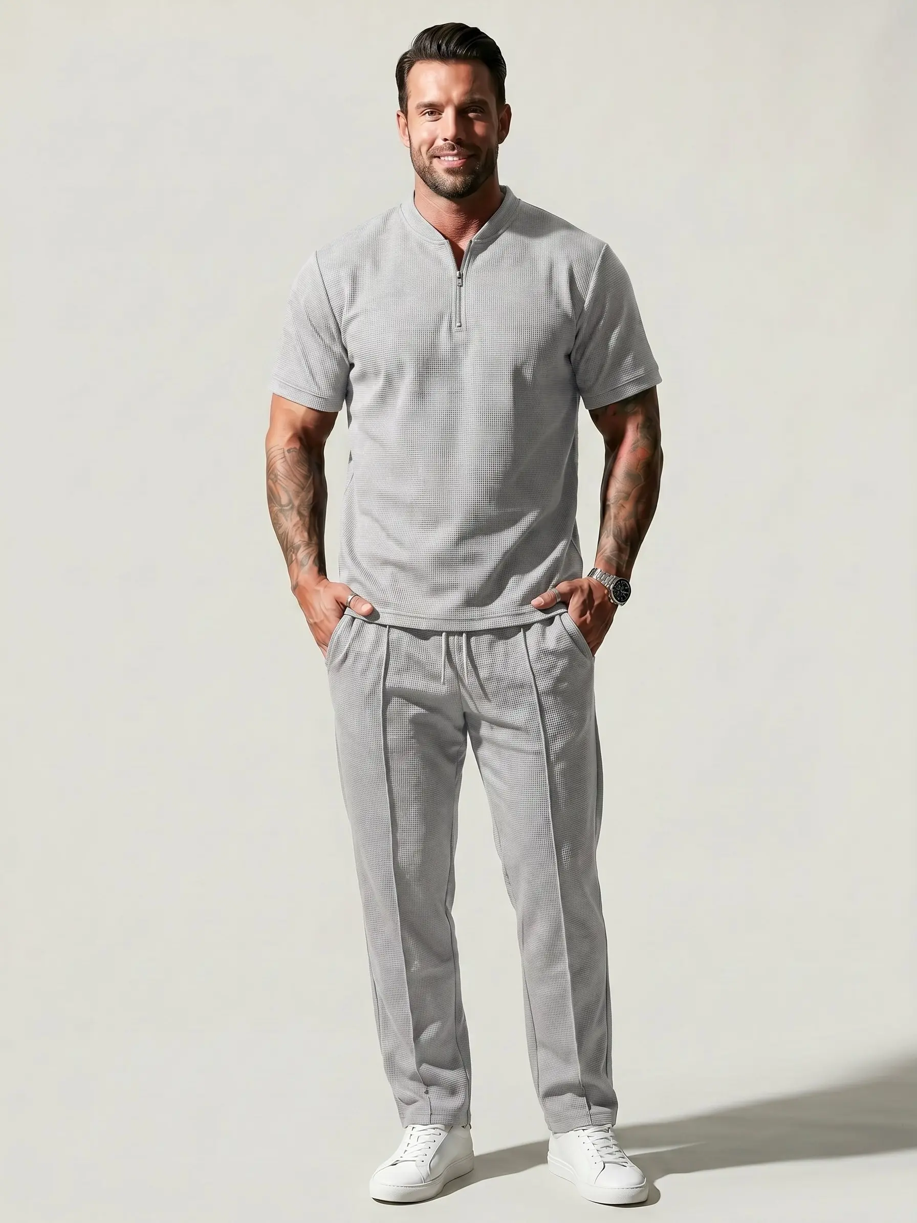 Men's 2-Piece Athleisure Wear Set - Solid Half-Zip Long Sleeve Jacket & Top-Stitching Waffle Pants