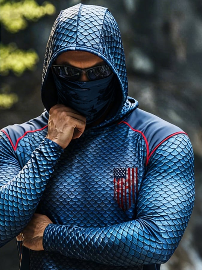 Men'S Outdoor Sun Protection Top: Breathable, Cooling, Long-Sleeve Hoodie With Built-In Face Mask And Contrast Print