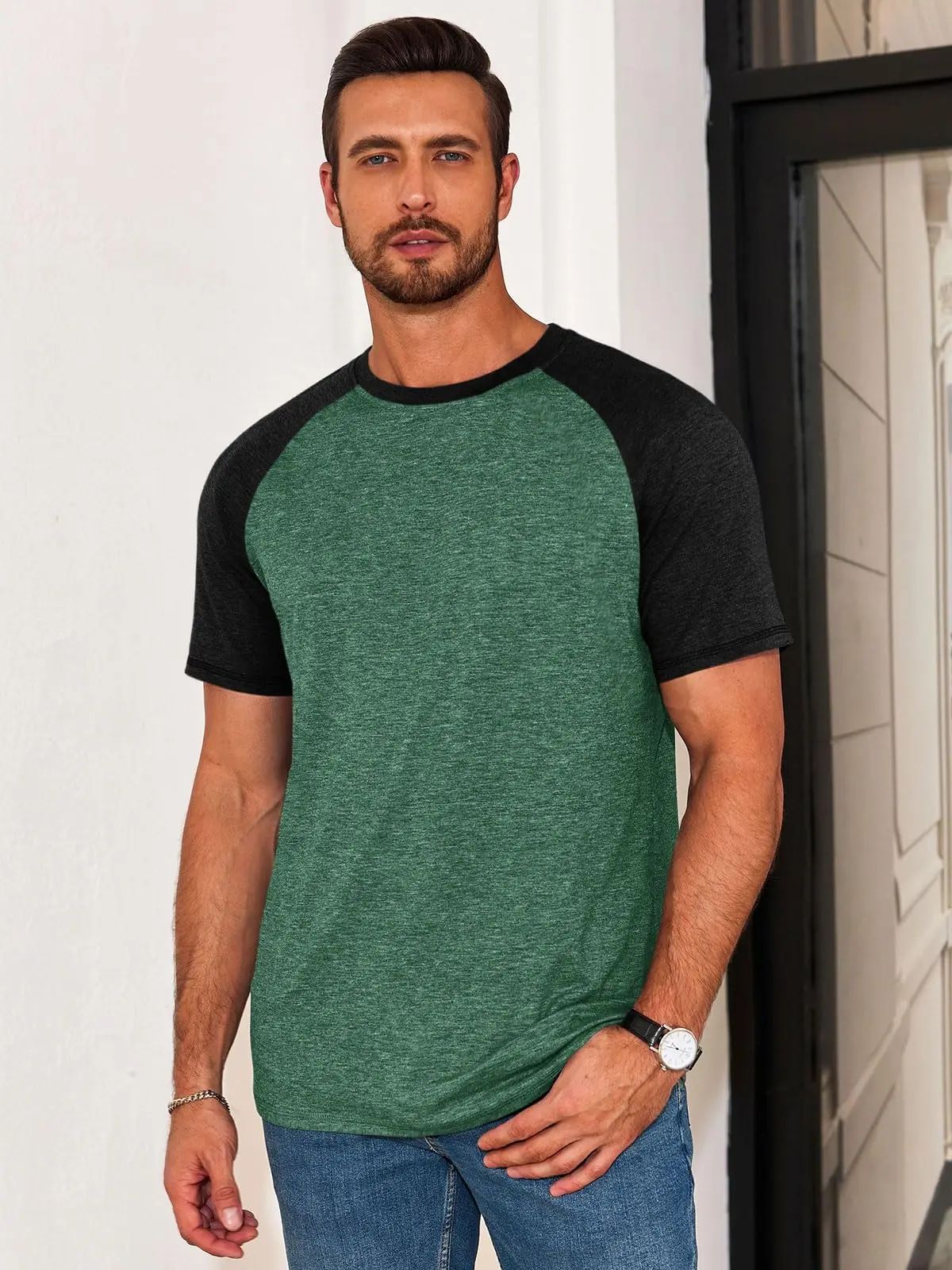 Mens Casual Slim Fit T Shirts Raglan Short Sleeve Crewneck Baseball Tees Color Block Workout Fashion Shirt