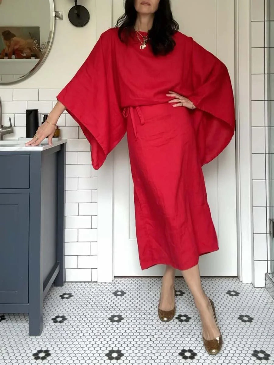 Casual cotton and linen batwing sleeve belt solid color dress