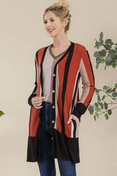 Full Size Striped Button Up Long Sleeve Cardigan