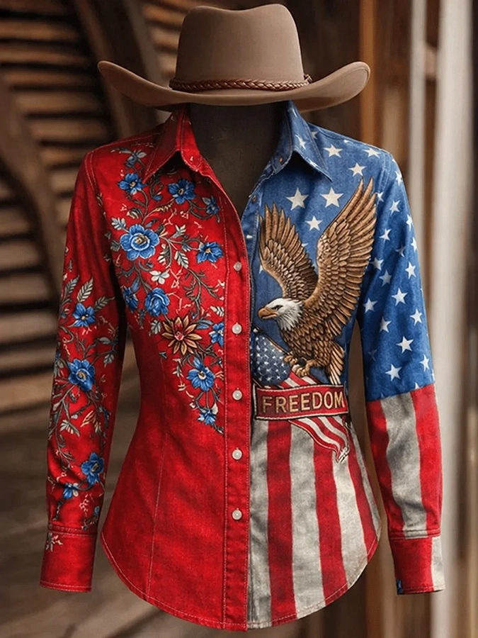 Ladies' Casual American 250Th Anniversary Celebration Long Sleeved Lapel Shirt