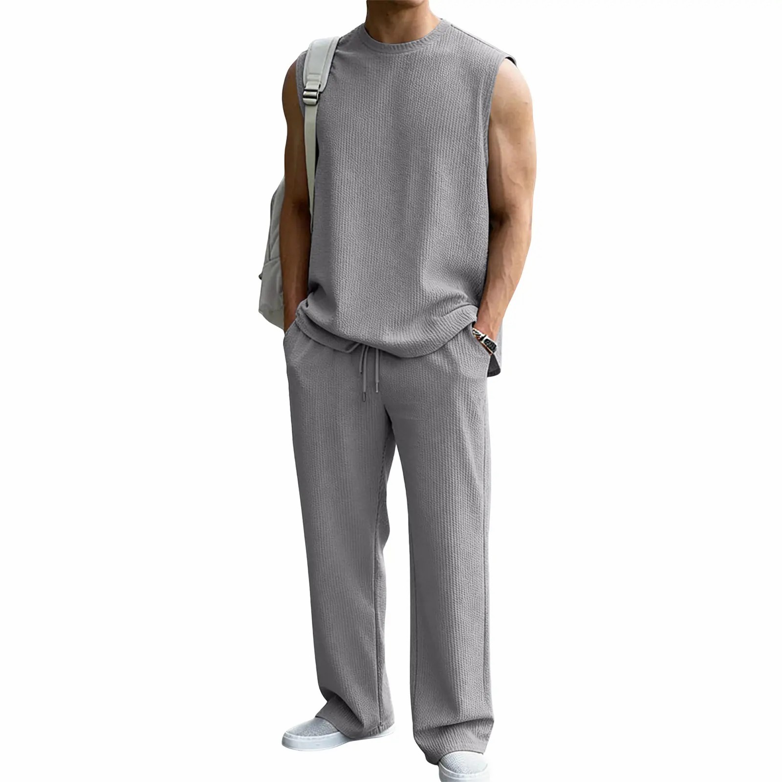 Men’s 2-Piece Ribbed Knit Sleeveless Sweatsuit Set – Summer Baggy Fit Tank & Wide Leg Pants