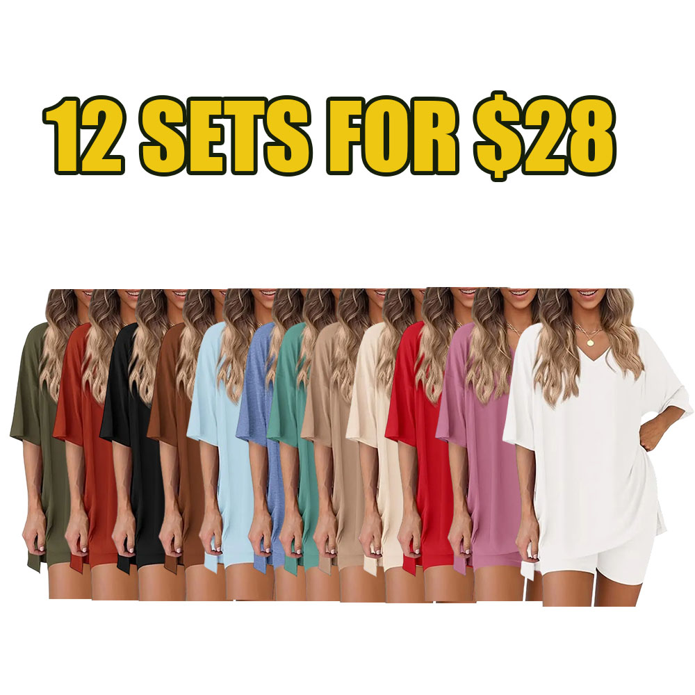 ☀️ Women’s Summer Lounge 2-Piece Set – Oversized V-Neck Top & Biker Shorts Outfit