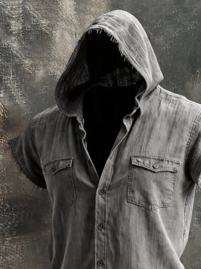 Men'S Retro Cotton-Linen Short-Sleeve Hoodie Shirt With Frayed Edges