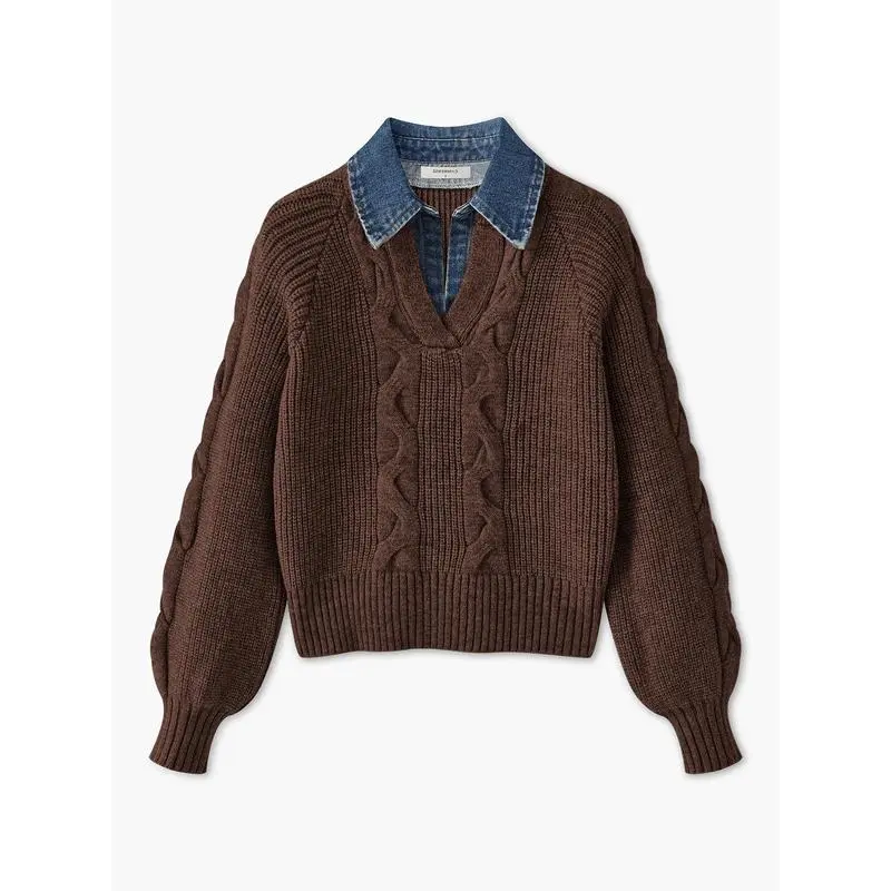 Denim Panel Ribbed Lapel Sweater
