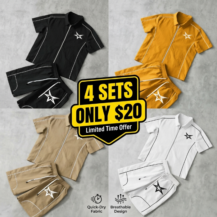 Stars Pattern Casual Set Short Sleeve Zipper Shirt + Gym Shorts Two-Piece Set