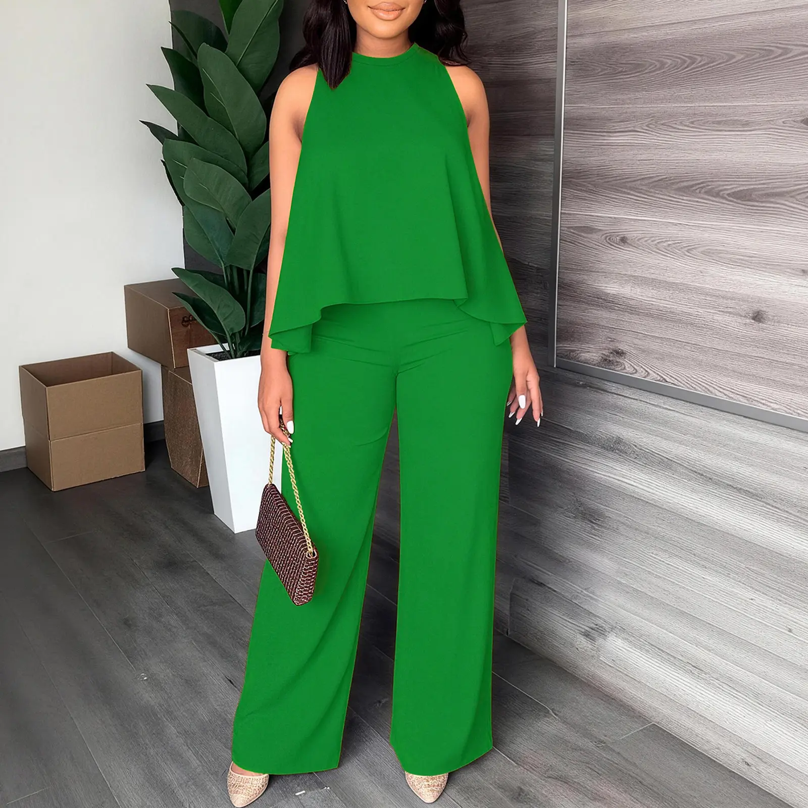 Women's Spring-Summer Set:Lightweight Flowy Halter Two-Piece with High-Waisted Wide Leg Pants–Comfortable