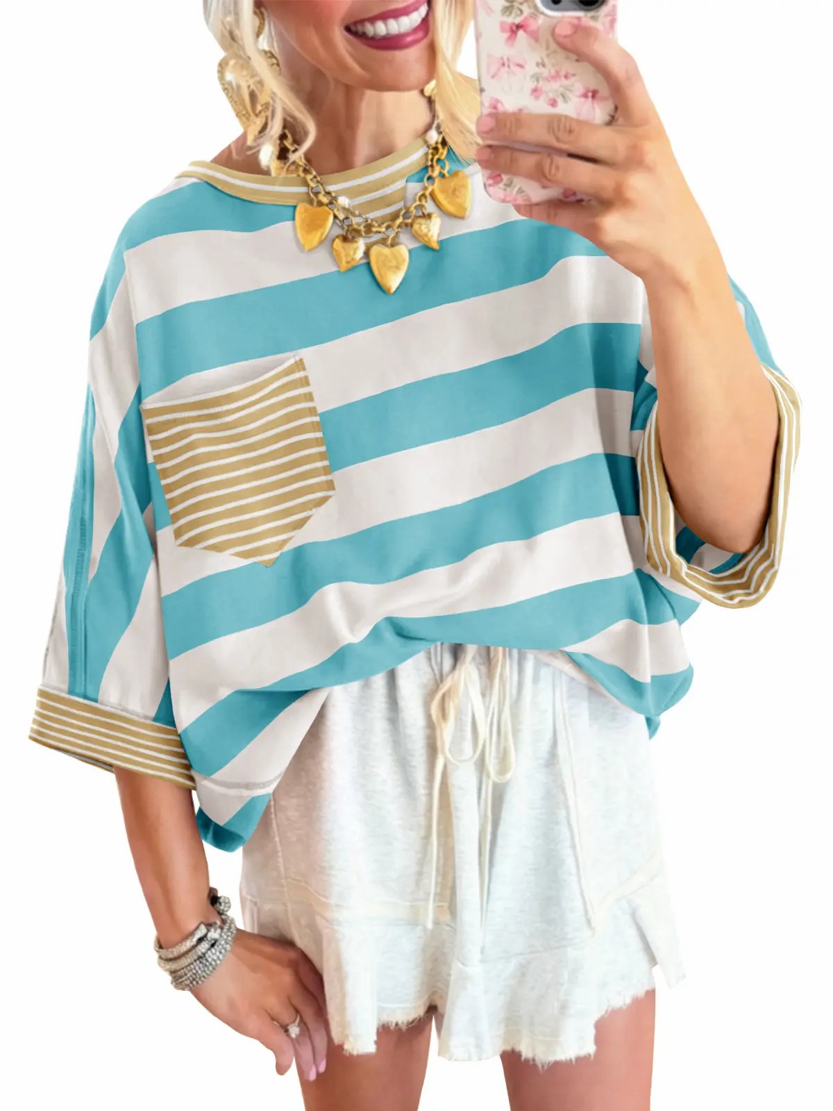 Women's Striped Drop Shoulder Cotton T-Shirt – Loose Fit Half Sleeve Pocket Blouse